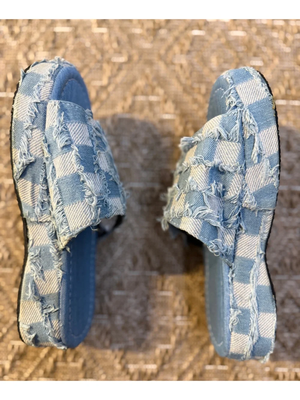 Checked Denim Platform Slide Mules - Blue Size 6 - Picture 7 of 7